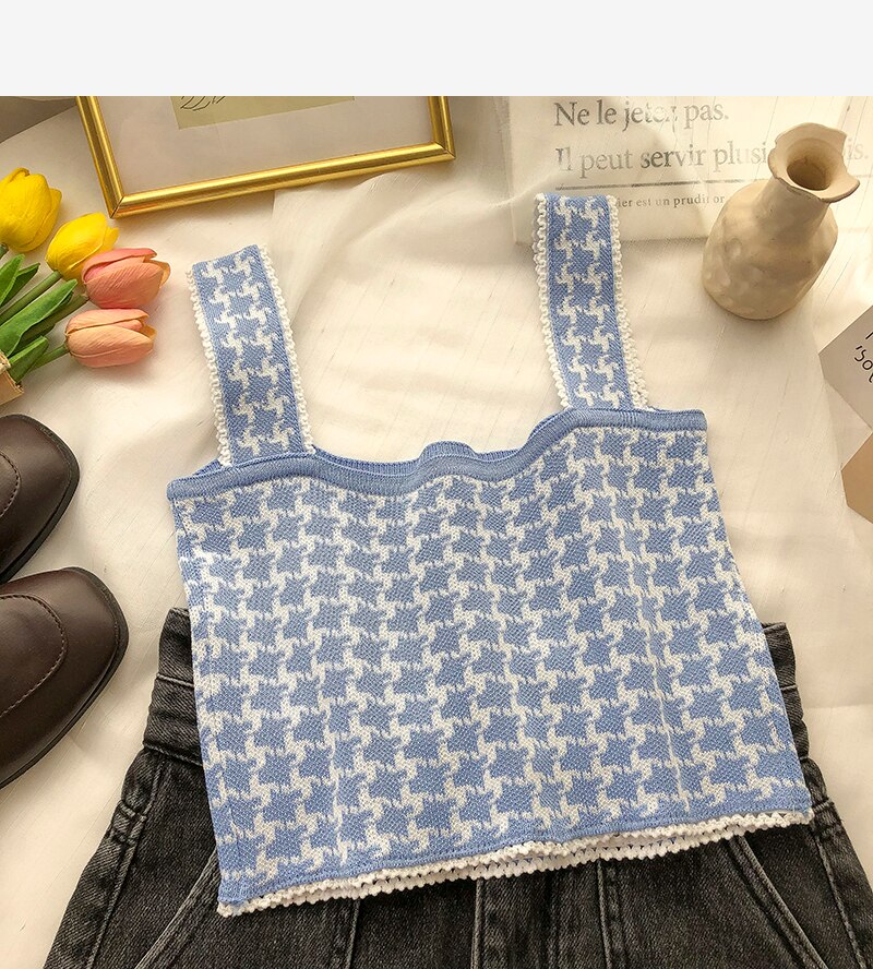 Oudea – débardeur à bretelles en pied-de-poule pour femme, haut court décontracté avec boutons en perles, Vintage, boîte Picto Edge, été