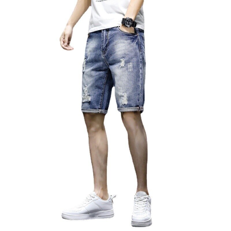 Pantalones cortos vaqueros clásicos para hombre, Vaqueros cortos rasgados, informales, ajustados, ropa de , de verano, 2022
