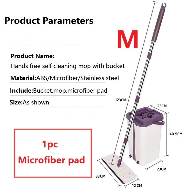 Mikrofiber flad squeeze moppe og spand til gulvrengøring 360 roteret hoved selvrensende mop spandesystem med genanvendelige pad: Midt