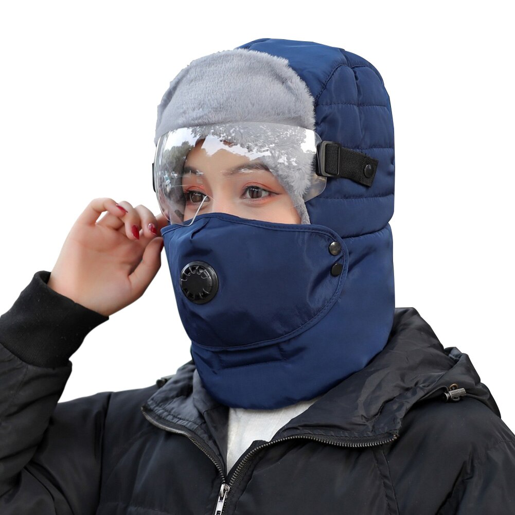 Riding Warm Winter Snow Caps Full Face Windproof Soft Protective Earflap Outdoor Thickened Bomber Hat With Glasses Ski: Blue / Black Glasses