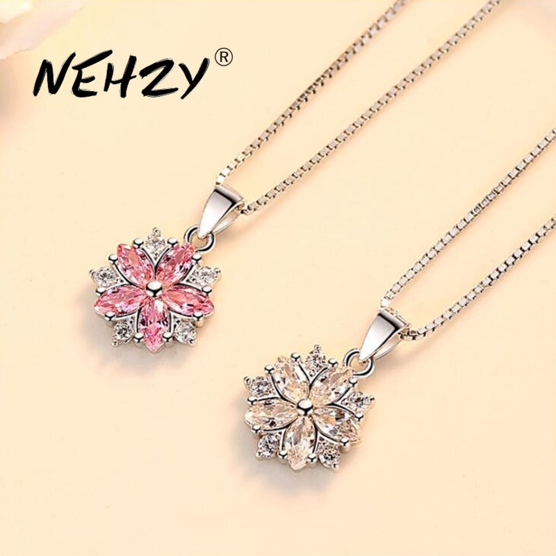 Nehzy S925 Stempel Zilver Dames Mode-sieraden Roze Kristallen Zirkoon Bloem Hanger Ketting Lengte 45Cm