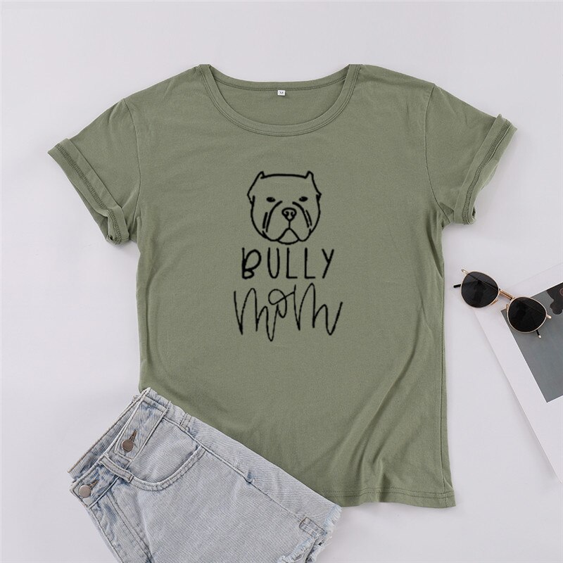 Camiseta de manga corta con cuello redondo para mujer, camisa UNISEX con estampado de Bully dog mom, 100% algodón, Harajuku,