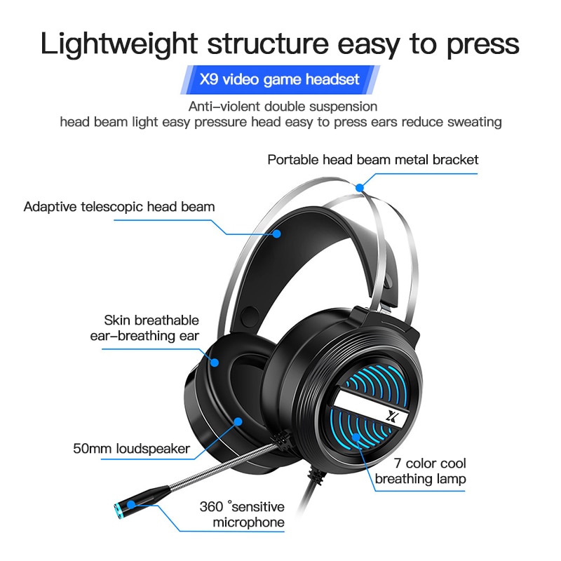 7.1- kanals hovedtelefoner med ledning til professionel gaming headset lyd stereo computer headset med mikrofon led lys gamer tilbehør