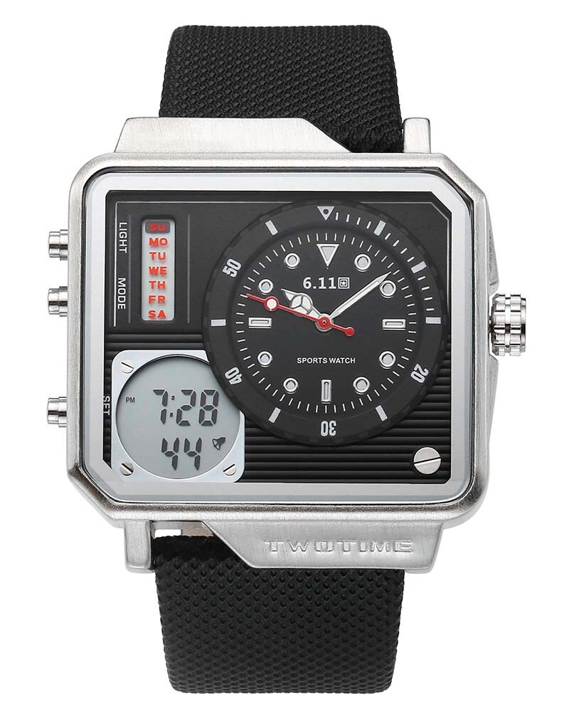 Mode Dubbele Tijdweergave Lederen heren Horloge LCD Digitale Stopwatch Datum Sport Horloges Multifunctionele Relogio Masculino: Black White