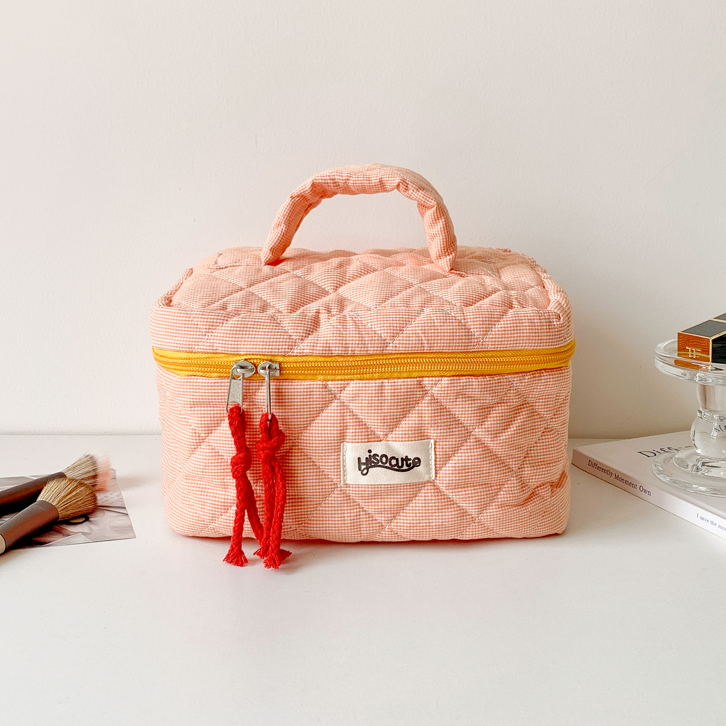 3pcs/Set Plaid Cosmetic Bag Set Simple Style Large Capacity Portable Cosmetic Tools Storage Bag for Home Bathroom Toiletry Bag: Brown