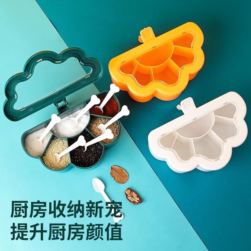 Seasoning Box Kitchen Household Compartment Jar Six-combination Spice Salt Jar Sugar Monosodium Glutamate with Spoon Storage Box