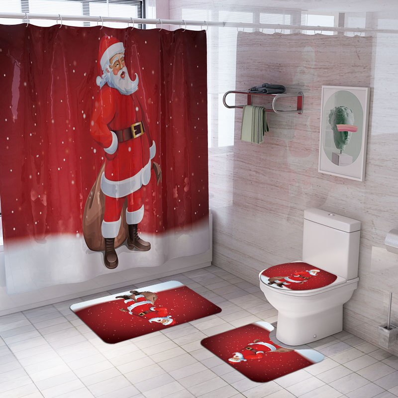 Zeegle Kerst Badmat En Douchegordijn Set Antislip Douche Floor Mat Absorberende Wc Tapijt Voet Mat Wasbare badmat Set: YL143 and SDS16