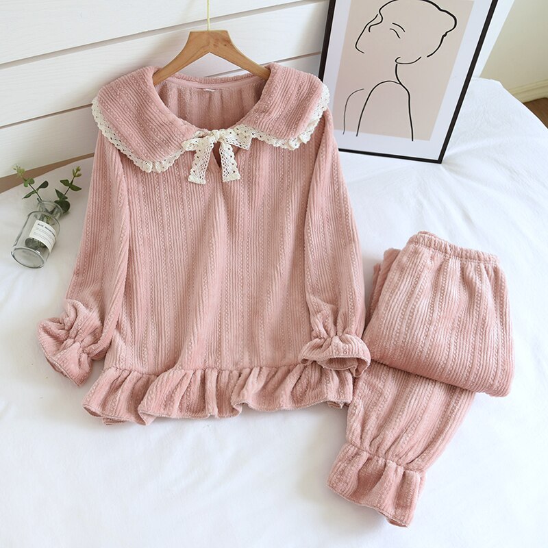 Pijamas gruesas de franela para mujer, ropa de dormir de invierno, Pijama de salón, traje de manga larga, conjunto de ropa de casa: Flannel Pink / M