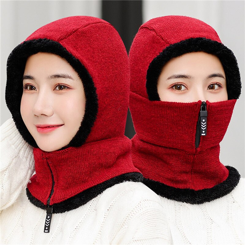 Reißverschluss Frauen Winter Hüte Plüsch Warme Sturmhaube Damen Ring Hütte Mit voll Gesicht Maske Kreative Atmungsaktive Gesichtsmaske