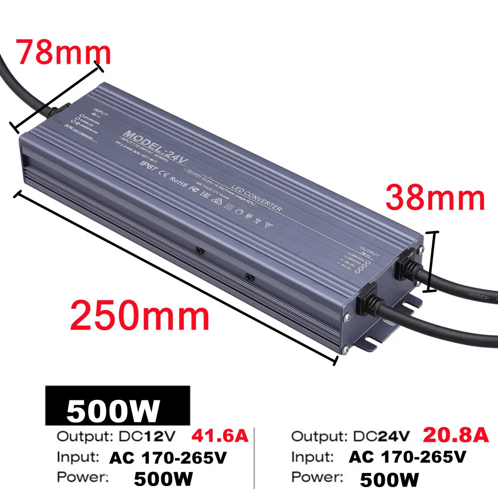 Waterproof Power Supply IP67 IP68 Lighting Transformer AC220V To DC 12V 24V LED Driver 100W 200W 300W 400W 500W Outdoor Adapter: Pink / 12V