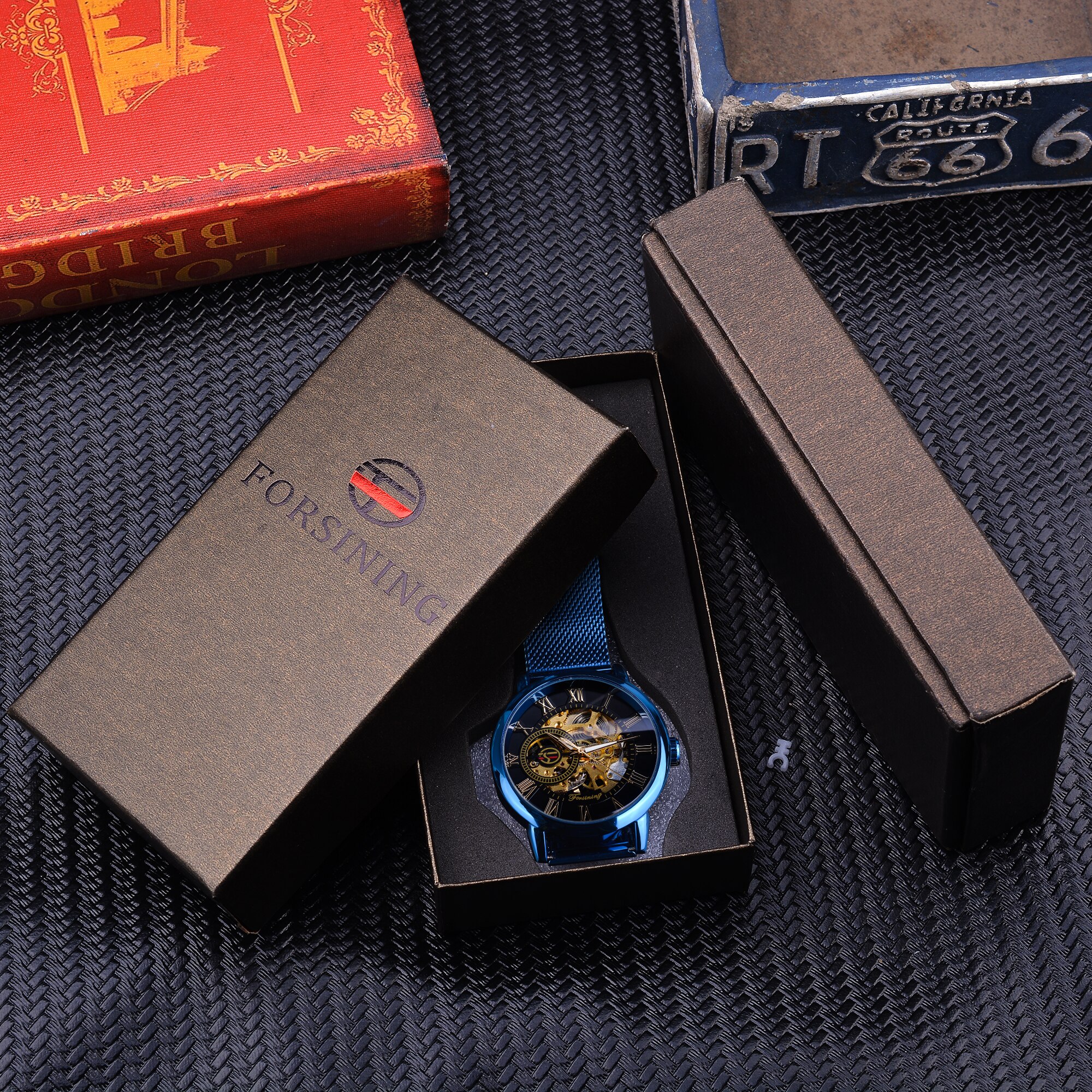 Forsining 3D squelette Royal rétro noir cadran doré montre mécanique bleu maille acier inoxydable bracelet lumineux montre-bracelet