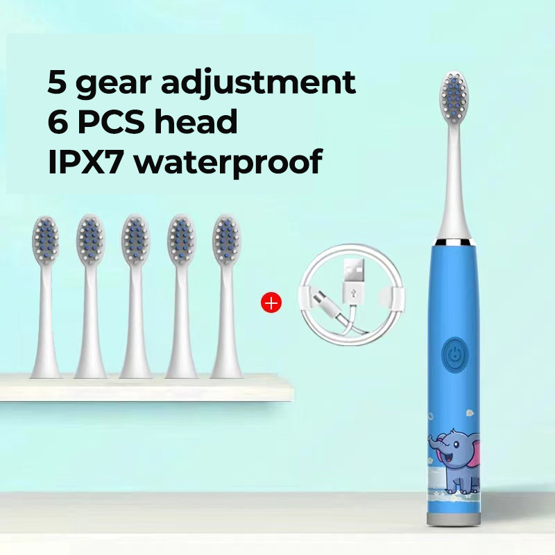 Children Sonic Electric Toothbrush Colorful Cartoon For Kids Ultrasonic Soft Fur Automatic Waterproof With Replacement Heads: Brown