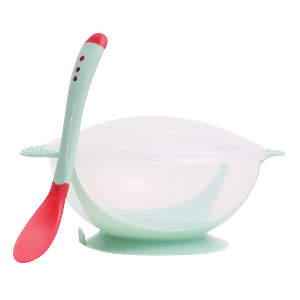 Baby Bowl Set Temperature Sensing Spoon/Fork for Baby Learning Dishes With Suction Cup Feeding Spoons Kids Infant Flatware: green