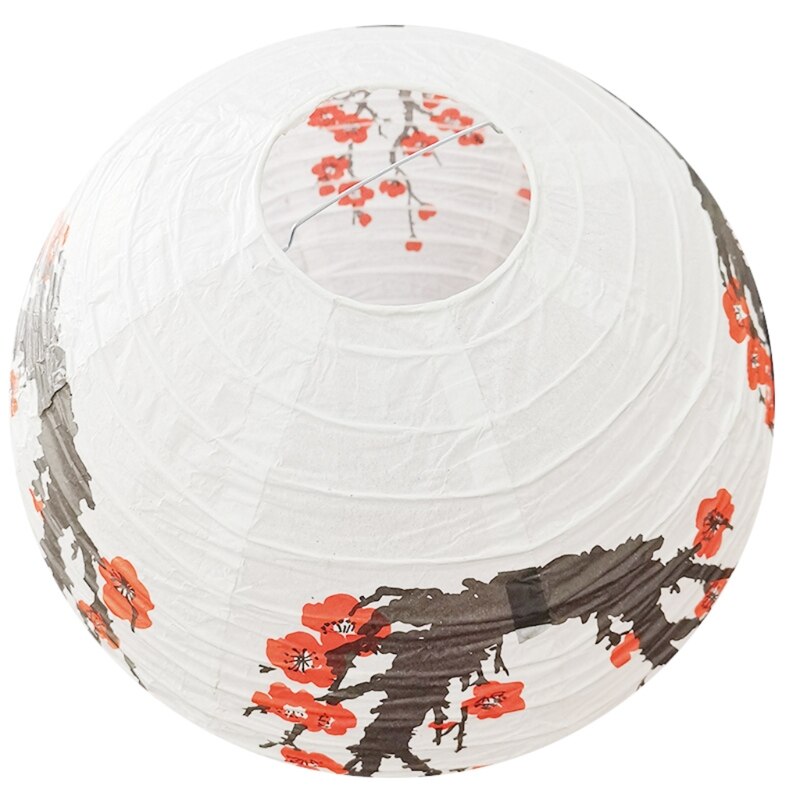 T84E Red Cherry Flowers Paper Lantern White Round Chinese Japanese Paper Lamp for Home Wedding Party Decoration