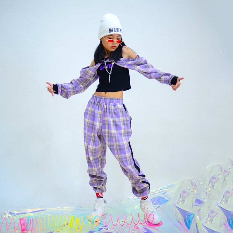 Jazz dans kostumer lilla plaid hiphop jakkesæt piger jazz street dance tøj børn hip hop træningstøj dqs 5556
