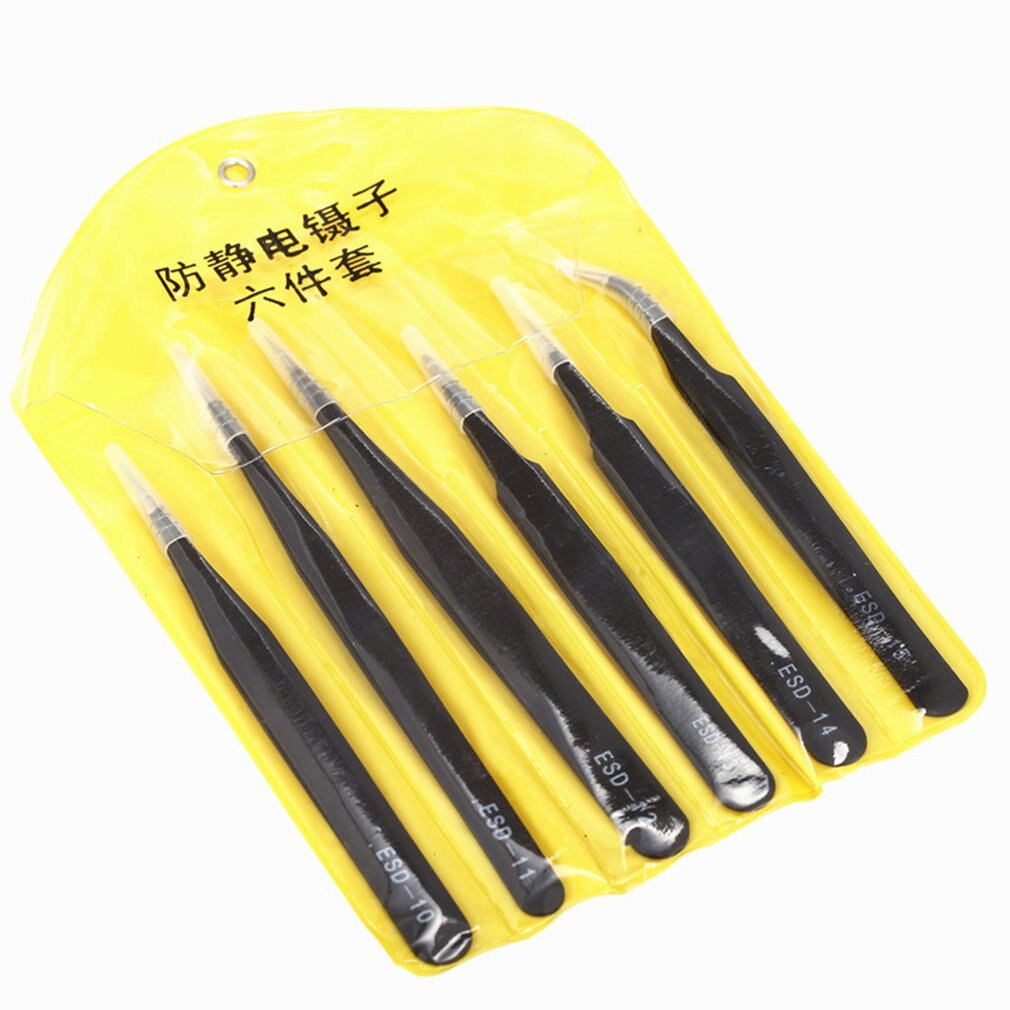 1.5 mm Anti-static Tweezers 6-piece Set Black Tweezers Yellow PVC Bag Acid Resistant Stainless Steel