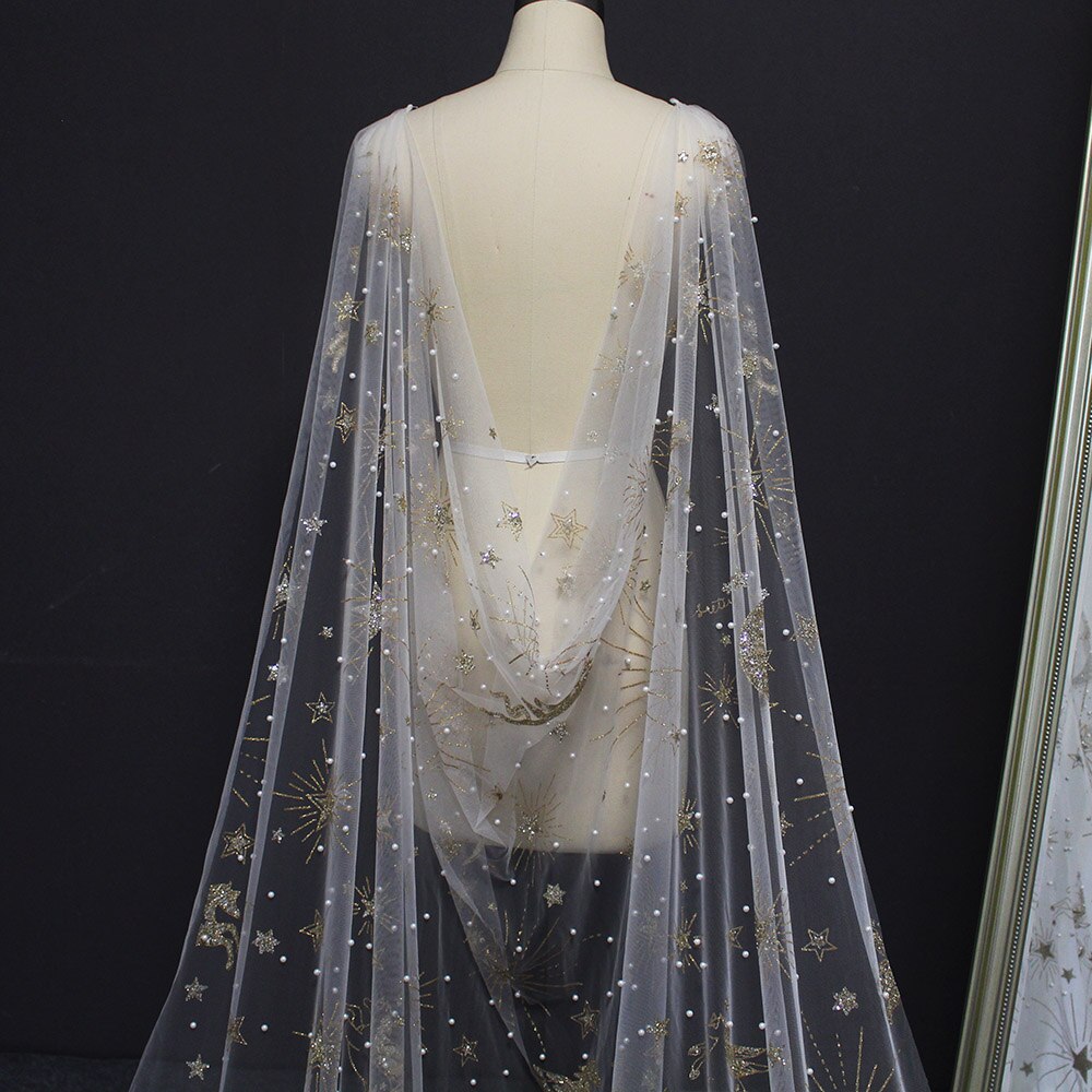 Luxe Parels Bruiloft Cape Met Gold Dust 3 Meter Lange Parels Wedding Bolero Shrugs Voor Vrouwen Bruiloft Accessoires