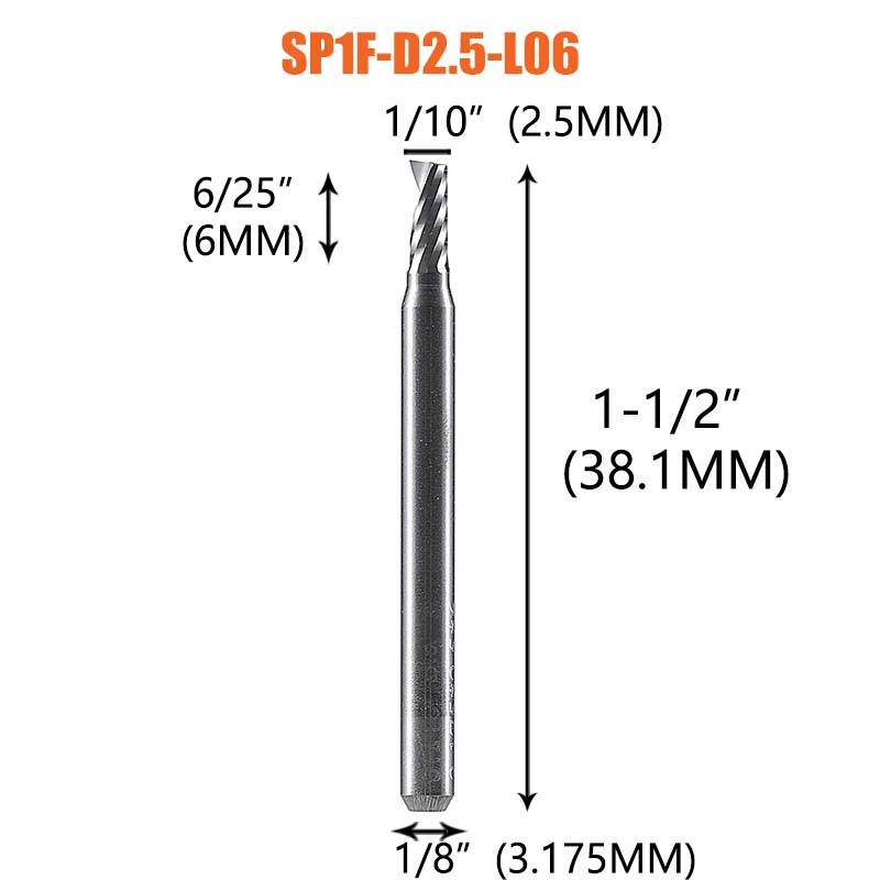 Dreanique 1pc Single Flute Spiral End Mill 1/8 1/4Inch Shank CNC Carbide Aluminum Inch Size Cutter for woodworking Acrylic ACM: 26mm