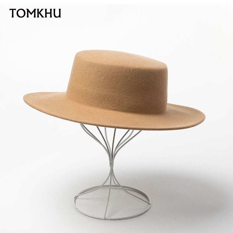 Neue Winter Flache oben Fedoras Hüte Für Frauen Männer Einfarbig Wolle Jazz Kappe Breiter Krempe Damen Elegante Kappen Bowler Hüte Kap