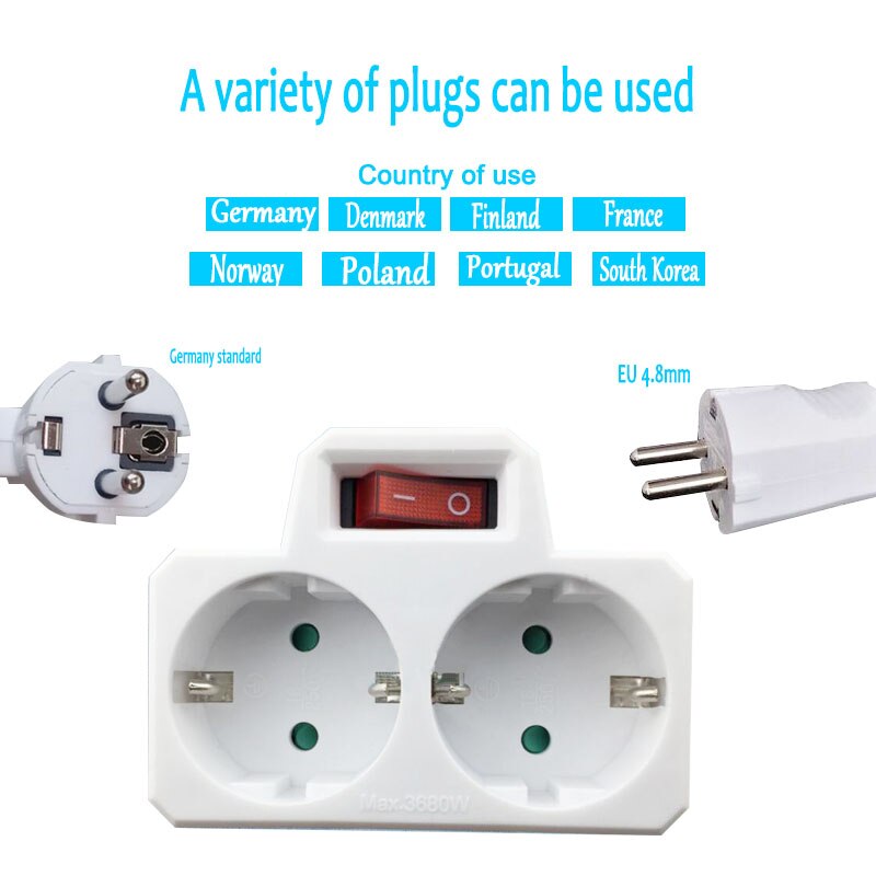 16A 250V 4.8mm European Conversion Plug Socket 1 TO 2 Ways Power Adapter Socket with Switch ON/OFF EU Standard Plug