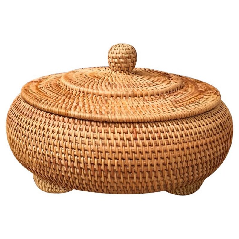 Boîtes rondes en rotin avec couvercle, tissé à la main, plateau en osier polyvalent, panier de rangement de Table à pain, pique-nique 11 pouces panier osier: 22x13cm