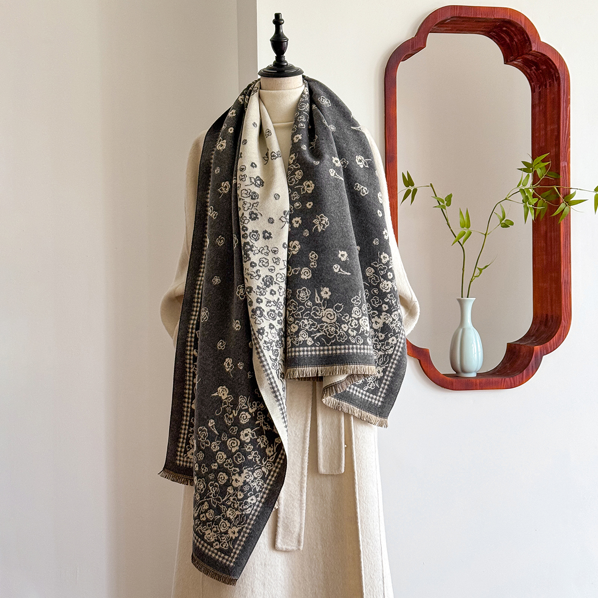 Bufanda manta de invierno de de de lujo, chales para mujer, Pashmina cálida con estampado de lunares y encaje, envoltura grande nueva: Gris oscuro