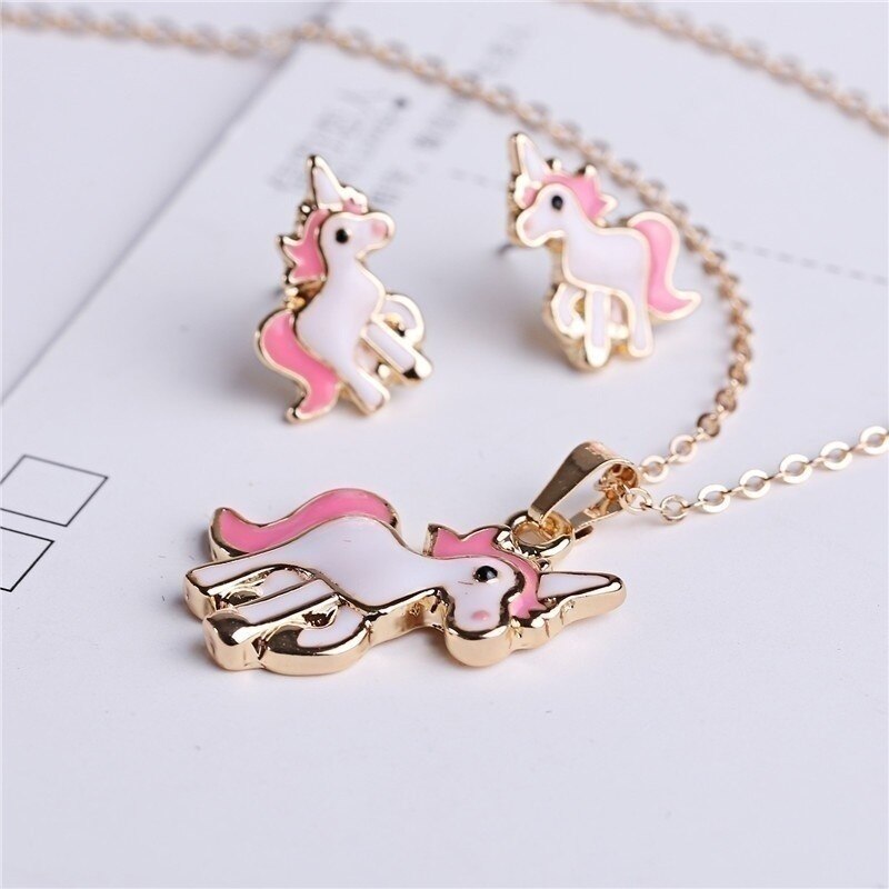 4 stks/set Paarse Ketting Oorbellen Cartoon Eenhoorn Ketting Oorbel Sieraden Meisjes Sieraden Oorbel en Ketting Set