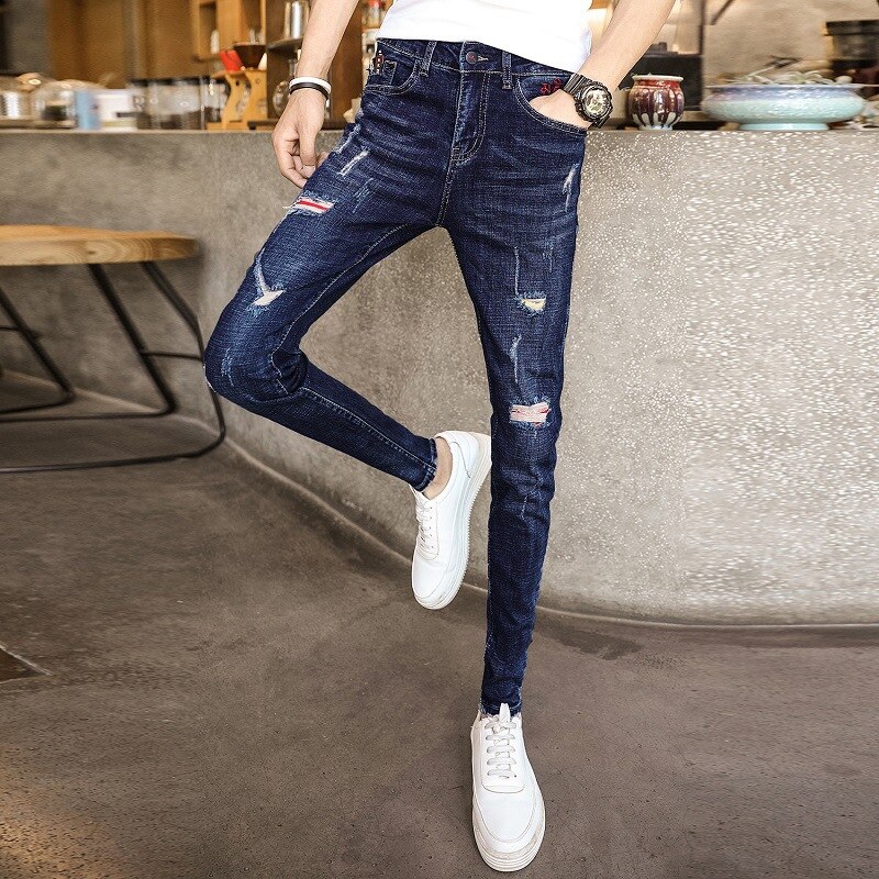 Pantalones vaqueros rasgados elásticos para adolescentes, jeans de informales para hombre, pantalones de pitillo ajustados coreanos para estudiantes,