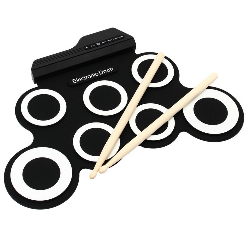 Bærbar elektronisk tromme digital usb 7 pads roll up trommesett silikon elektrisk tromme pad kit med trommestikker sustain pedal: Svart