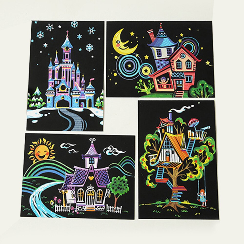 Paper 4Pcs Scratch Paintings Set Cartoon Postcard Drawings Education Patience Animals/Items/Houses 20*14cm: Houses
