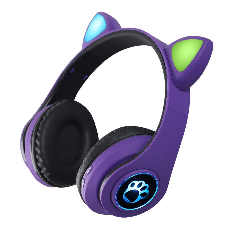 Wireless Headphone Bluetooth5.0 Headset Cat Ear Earphone LED Lights With Microphone For PC Laptop Phone: purple