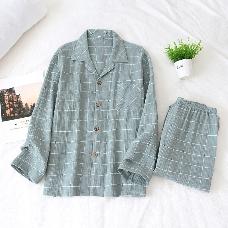 Spring Japanese pajamas sets men sleepwear 100% crepe cotton simple Starry sky casual male long sleeve pyjamas: ZB Plaid Green / L 70-80kg