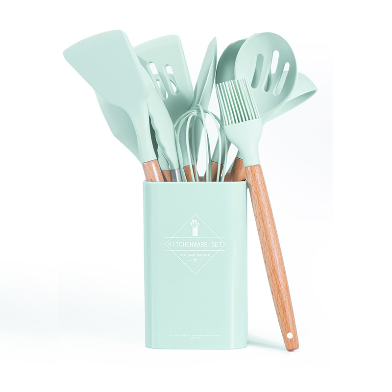 12 Pçs Siliconen Utensílio De Cozinha Conjunto Bpa Livre Não Tóxico Utensílios De Cozinha Alça De Madeira Com Caixa De armazename: plum