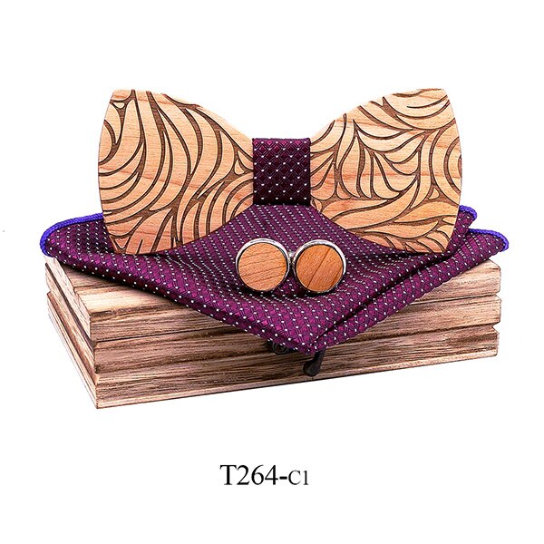 Men Wooden bow tie set Handkerchief Cufflinks wood bowtie wedding tie corbata Wooden Ties Gravata set gentlemen wear: T264-C1