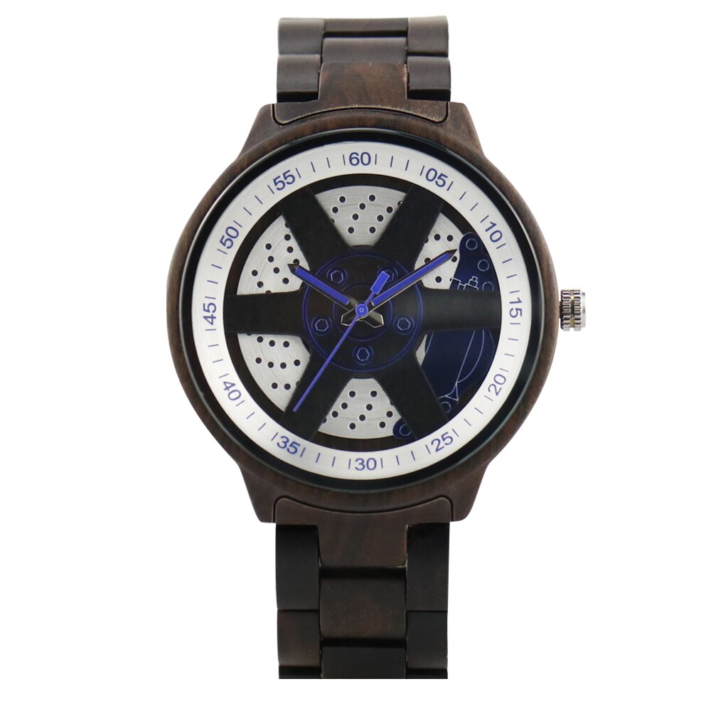 Heren Horloge Unieke Wiel Hub Precieze Schaal Rode Houten Horloge Verstelbare Houten Band Horloge Quartz Polshorloge Relojes Hombre: black