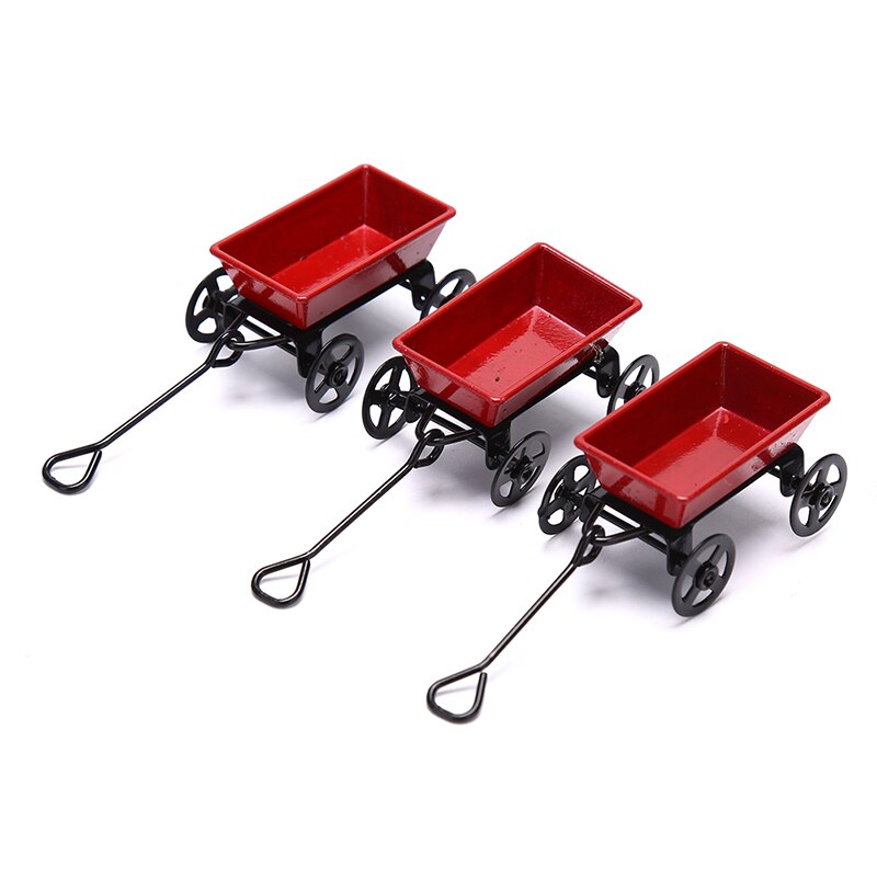 Metal Red Small Pulling Cart Garden Furniture Accessorie Home Decor Toy Ornament 1:12 Mini Cute Dollhouse Miniature