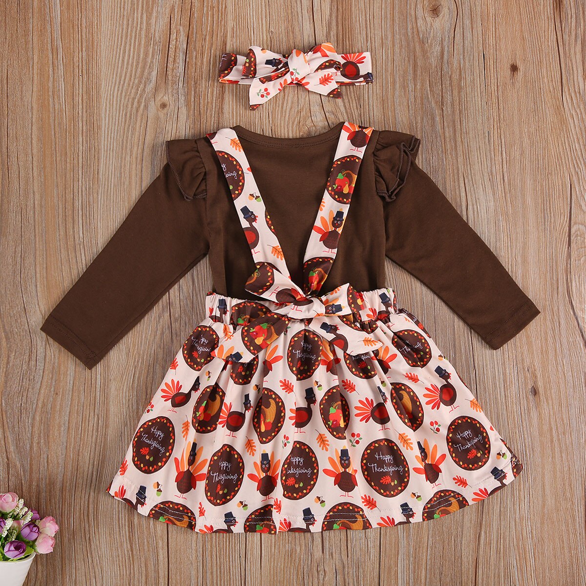 Thanksgiving Peuter Baby Meisjes 3 Stuks Rokken Outfits, Lange Mouwen Top + Jarretel Gedrukt Rok + Hoofdband