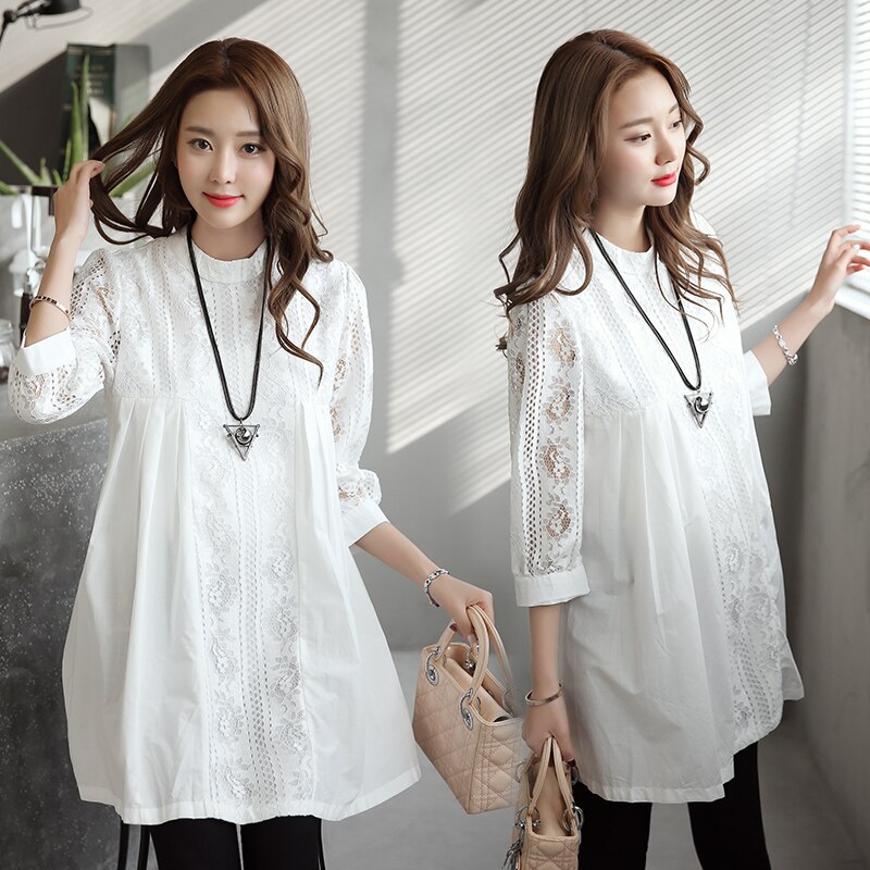 9015# Hollow Out Front Pleated White Lace Maternity Blouses Spring Summer Clothes for Pregnant Women Loose Pregnancy Tops