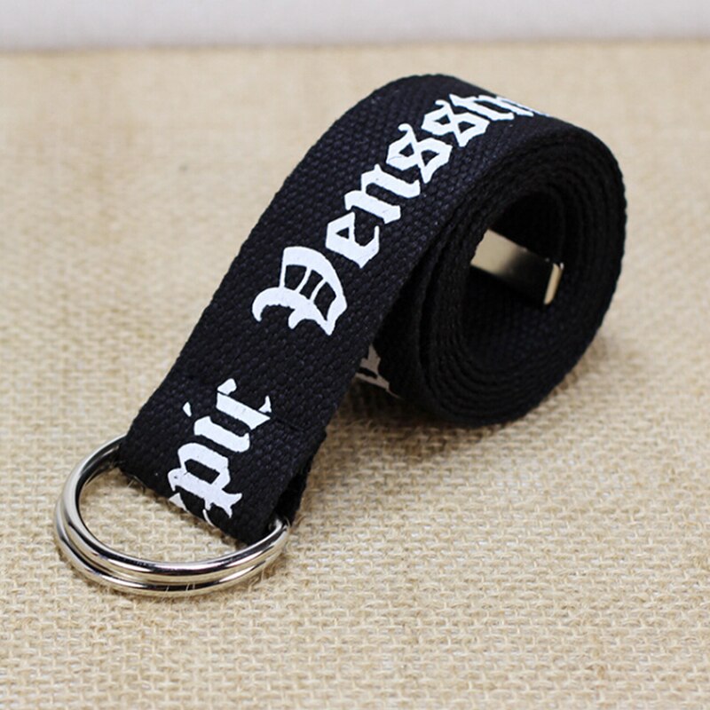 Unisex Canvas Riemen Letters Gedrukt D Ring Dubbele Gesp Punk Taille Band Vrouwen Mannen Tiener Lange Brede Riem