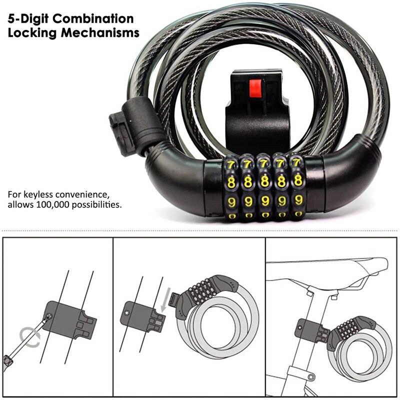 5-Digit Bike Lock Cable Lock with Mount Bracket, Anti-Theft Coiling Cable Lock Combination for Bicycle,1200mmx12mm