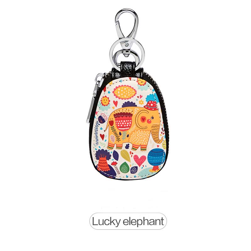 Painted Key Bag for Women Small Leather Key Wallets Housekeepers Car Key Holder Case Leather Keychain Pouch: elephant