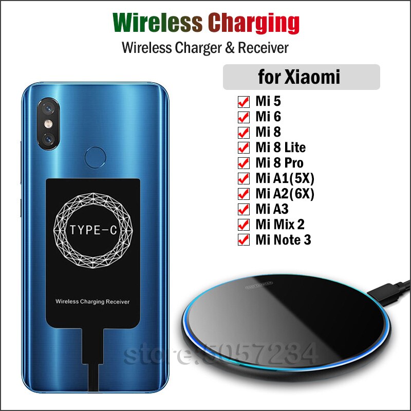 Qi Wireless Charger & Receiver for Xiaomi Mi A1 A2 A3 5 6 8 Lite Pro Mi Note 3 Mix 2 Wireless Charging Adapter USB C Connector