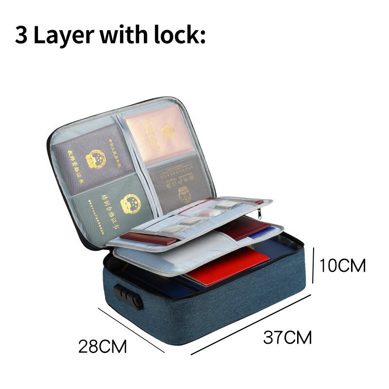 Large Capacity Travel Storage Box Multifunctional Waterproof Document Bag Convenient Durable Multi-layer With Lock Box XA531F: Blue 3 layer lock