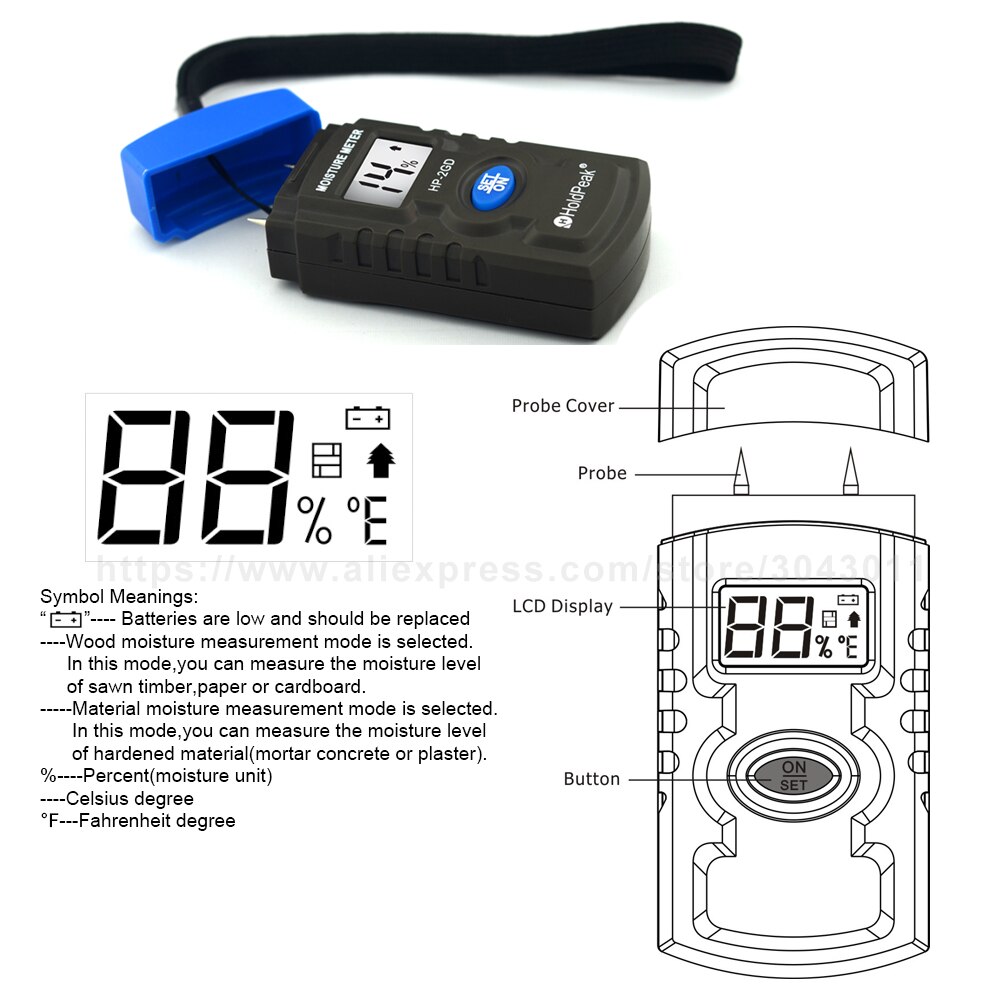 HoldPeak Wood Moisture Meter Tester high Precision Needle Probe Water Content Instrument Paper Box Wood Floor Humidity Tester