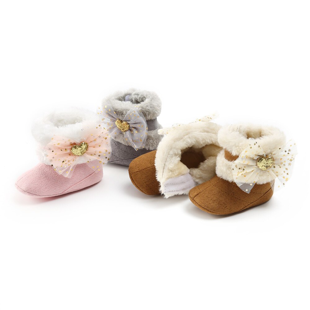 Bottes de neige bébé fille flambant neuf, semelle souple anti-dérapant doublure en fausse fourrure bottines avec mignon Tulle nœud hiver