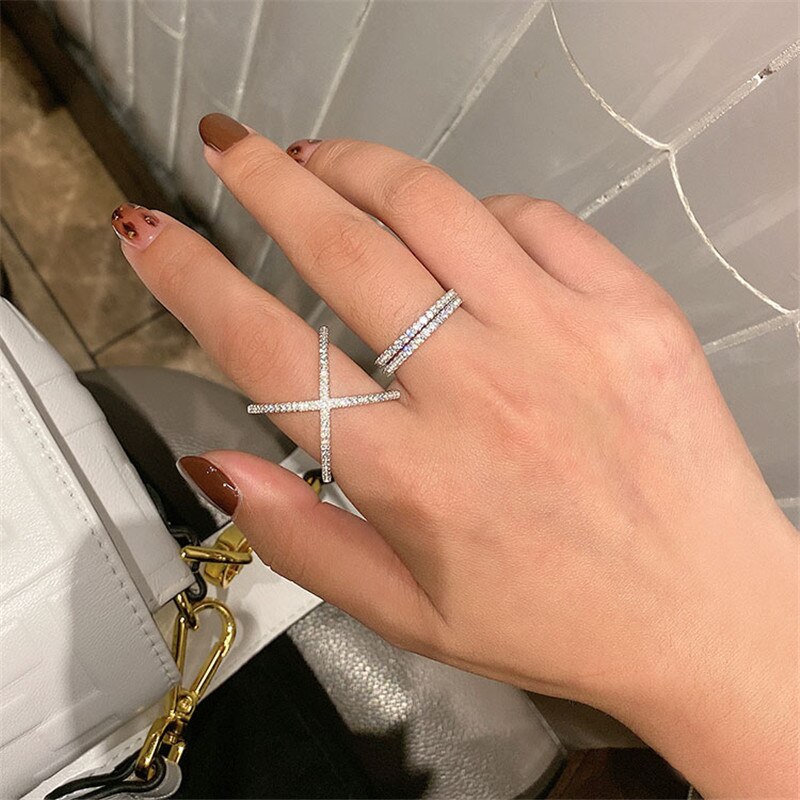 Female Cross ring 925 Sterling silver Micro Pave AAAAA Cz Engagement Wedding Band Rings for women Bridal Party Jewelry