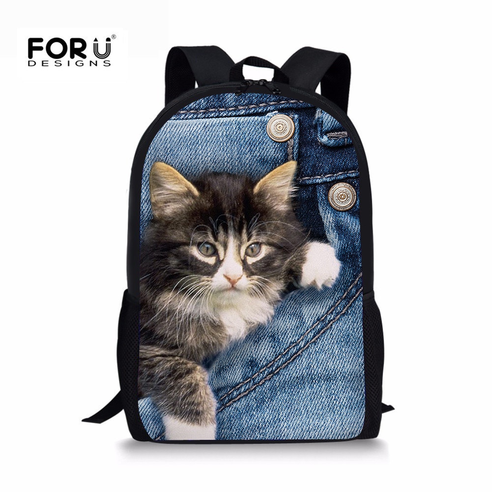 FORUDESIGNS Demin gato mochila para niñas adolescentes niños perros impresión lindo niños mochila mochilas para casuales de las mujeres de mochila