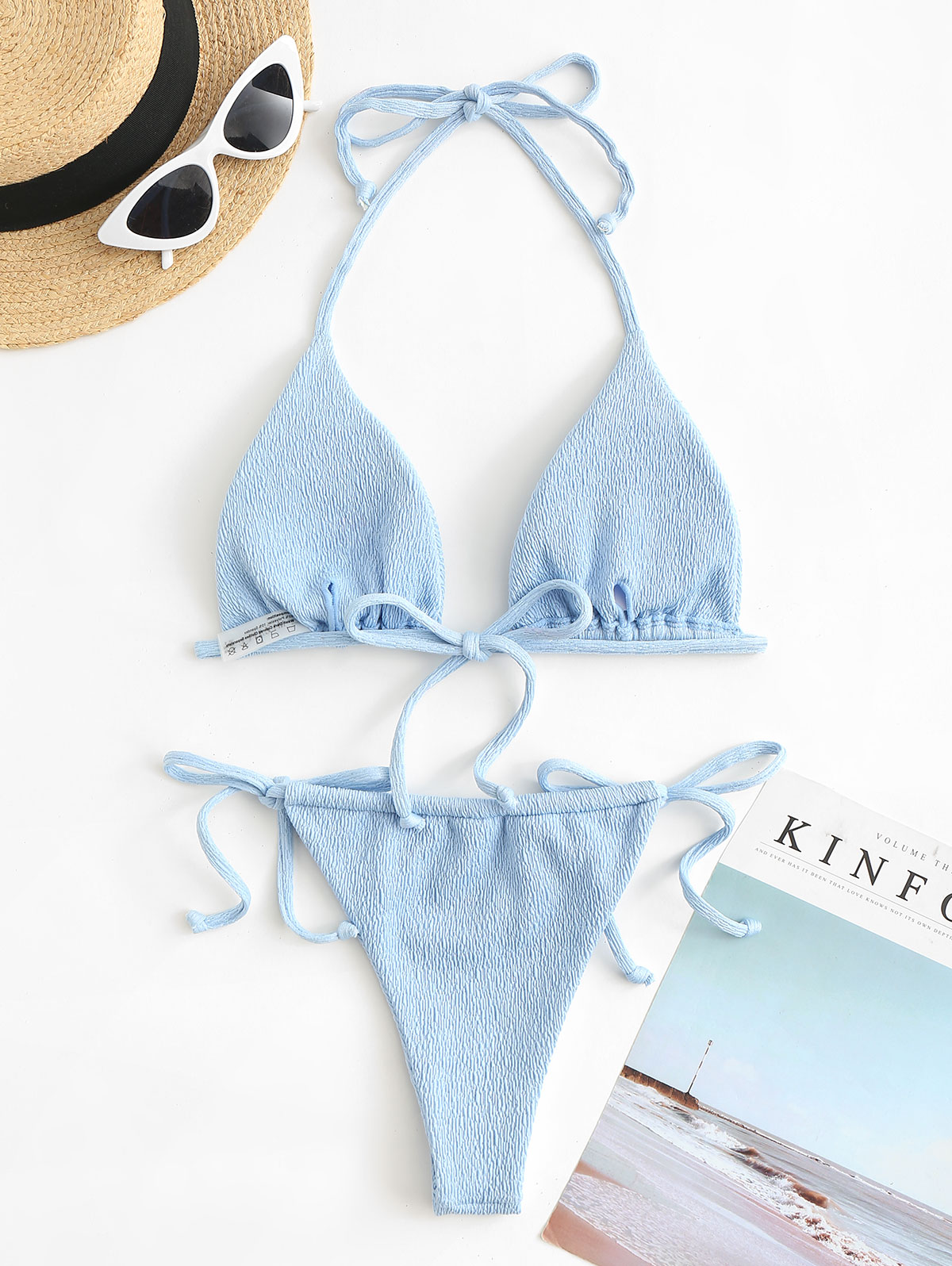 Zaful Halter Crinkle Lendendoek Bikini Badmode Gordijn String Bikini Set Driehoek Tanga Tie Side Tweedelige Pakken 2022