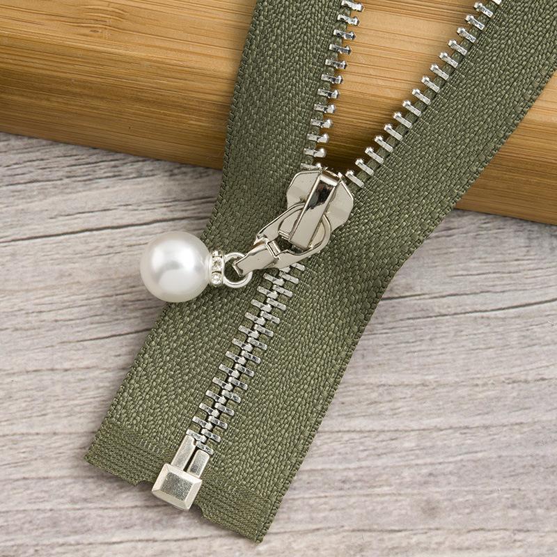 N. ° 5 cremallera de Metal con cremallera de cola abierta deslizante de perlas dentadas de cobre ropa de otoño invierno chaqueta falda de cuero tira de cremallera de doble cabeza: Olive Drab silver