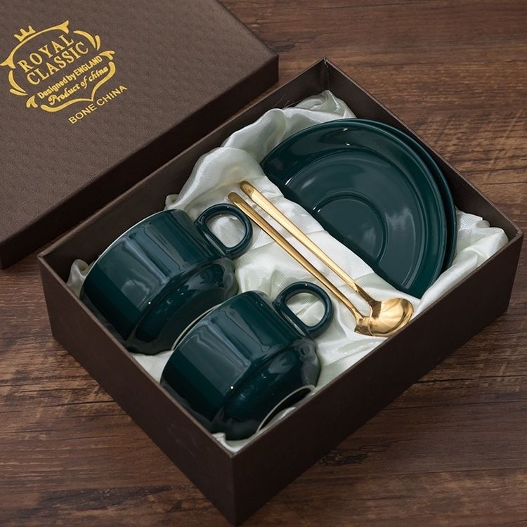 Ensemble de sous-tasses à café en céramique, ensemble de 6 pièces, tasse à thé simple européenne avec cuillère, emballage , tasse à café glaçure colorée, ensemble: Pure green